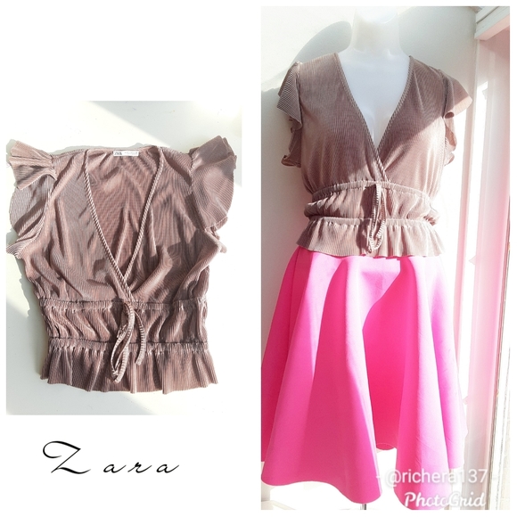Zara Metallic Broze Pleated Ruffle Top M - Picture 3 of 6